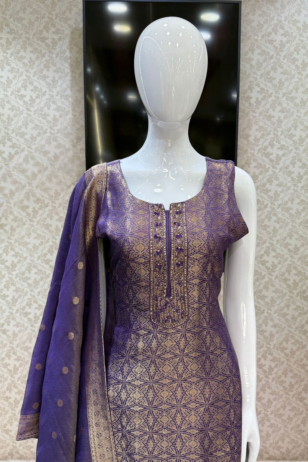 Purple Zardozi, Stone, Beads, Sequins and Brocade work Straight Cut Salwar Suit