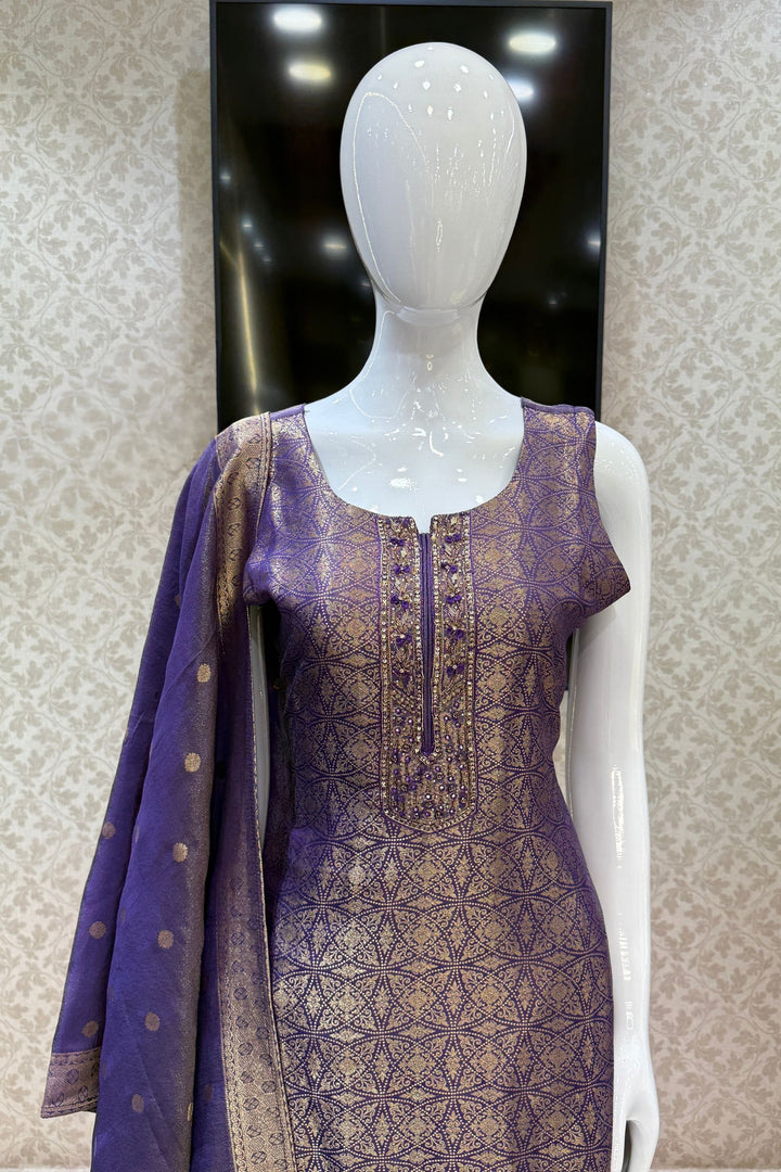 Purple Zardozi, Stone, Beads, Sequins and Brocade work Straight Cut Salwar Suit