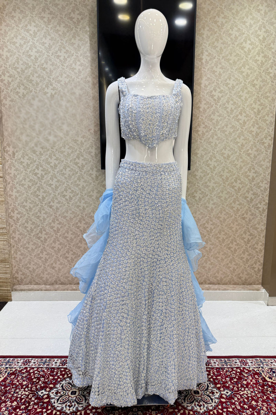 Ice Blue Sequins and Beads work Fishcut Lehenga Set