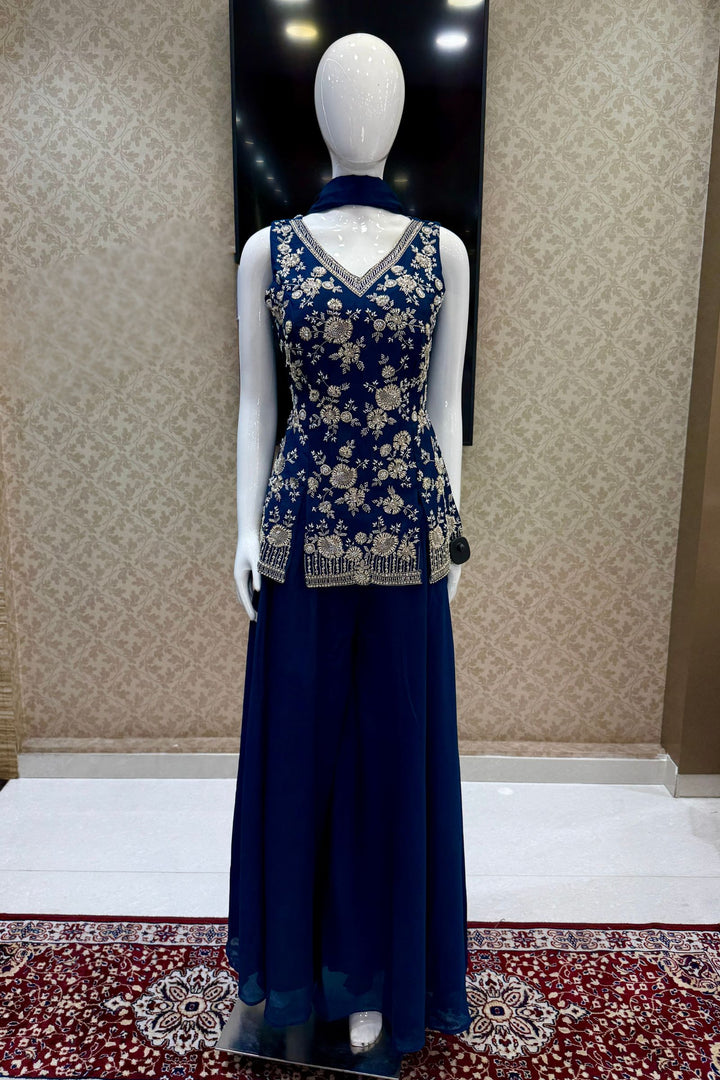 Peacock Blue Beads, Zari and Sequins work Palazzo Salwar Suit