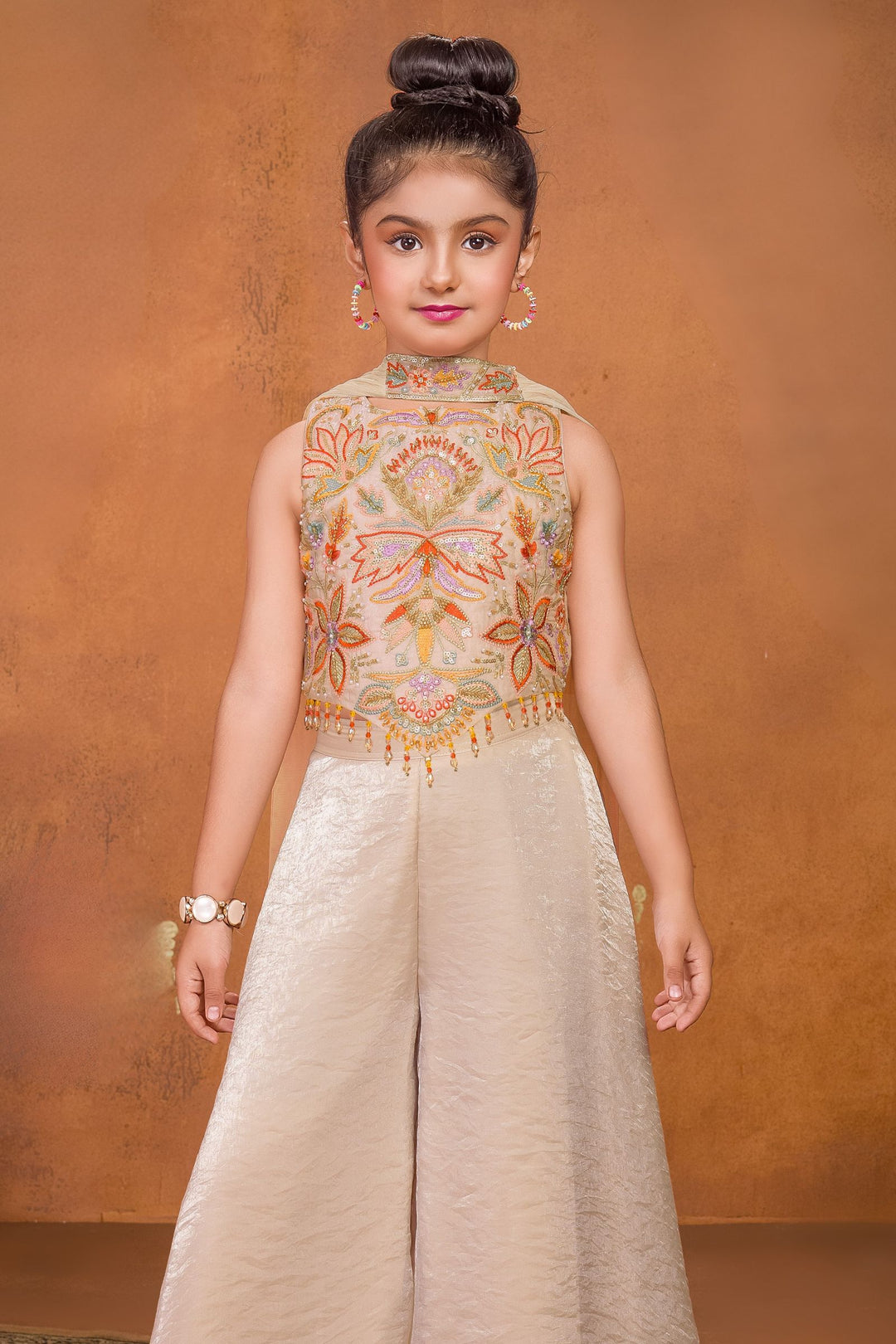 Beige Pearl, Sequins, Beads and Multicolor Embroidery work Palazzo Suit Set for Girls