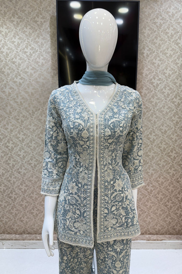 Firozi Blue Chikankari, Sequins and Zari work Palazzo Suit Set