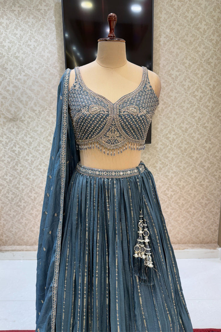 Grey Beads, Stone, Zari and Sequins work Crop Top Lehenga
