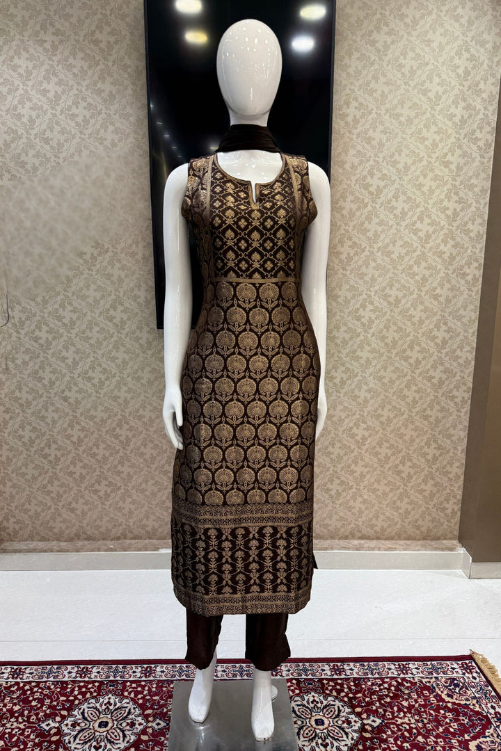 Brown Banaras work Straight Cut Salwar Suit