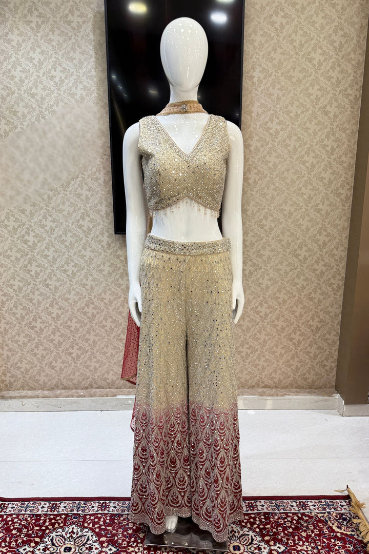 Beige with Maroon Sequins, Zardozi, Beads and Stone work Crop Top with Palazzo Pant