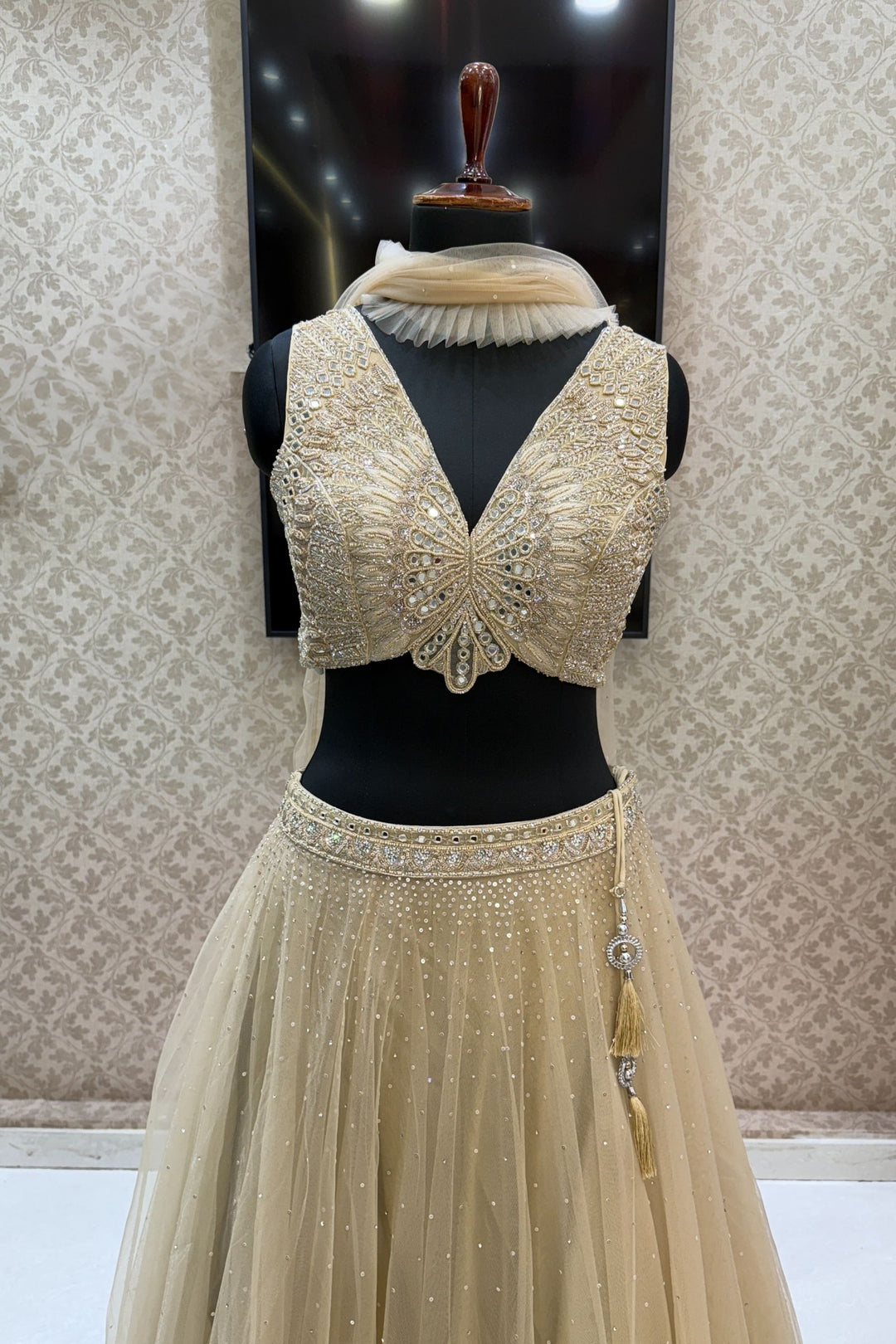 Beige Mirror, Beads, Sequins, Thread and Stone work Crop Top Lehenga