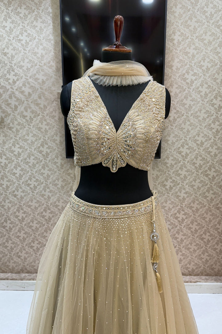 Beige Mirror, Beads, Sequins, Thread and Stone work Crop Top Lehenga