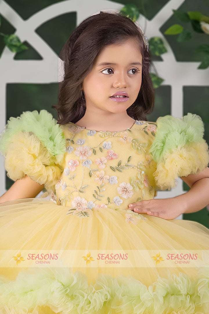 Yellow with Green Beads work Short Partywear Frock for Girls