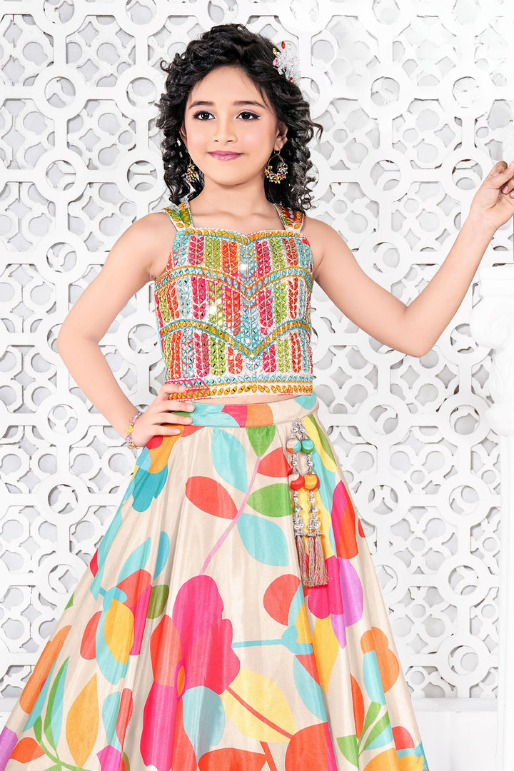 Beige Mirror and Beads work with Multicolor Digital Print Lehenga Choli for Girls