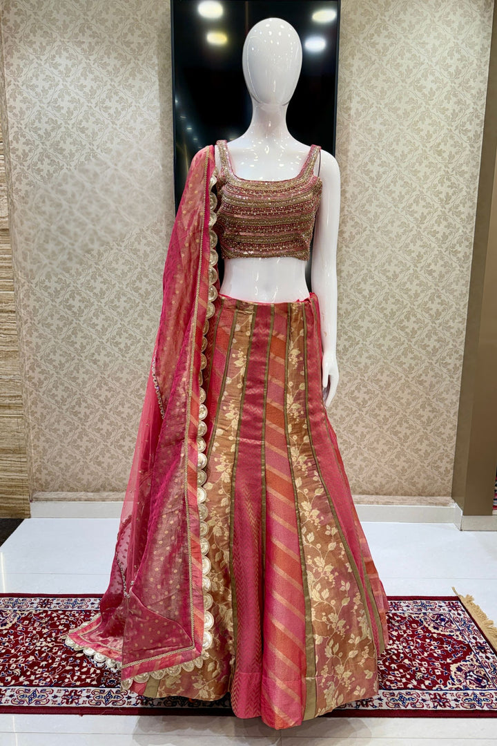 Pink Brocade, Beads, Sequins, Zardozi, Zari and Stone work with Multicolor Lehenga Set