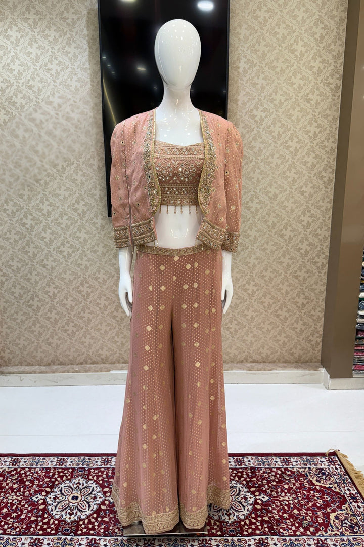 Peach Stone, Zari and Sequins work Crop Top with Overcoat Styled Palazzo Suit Set