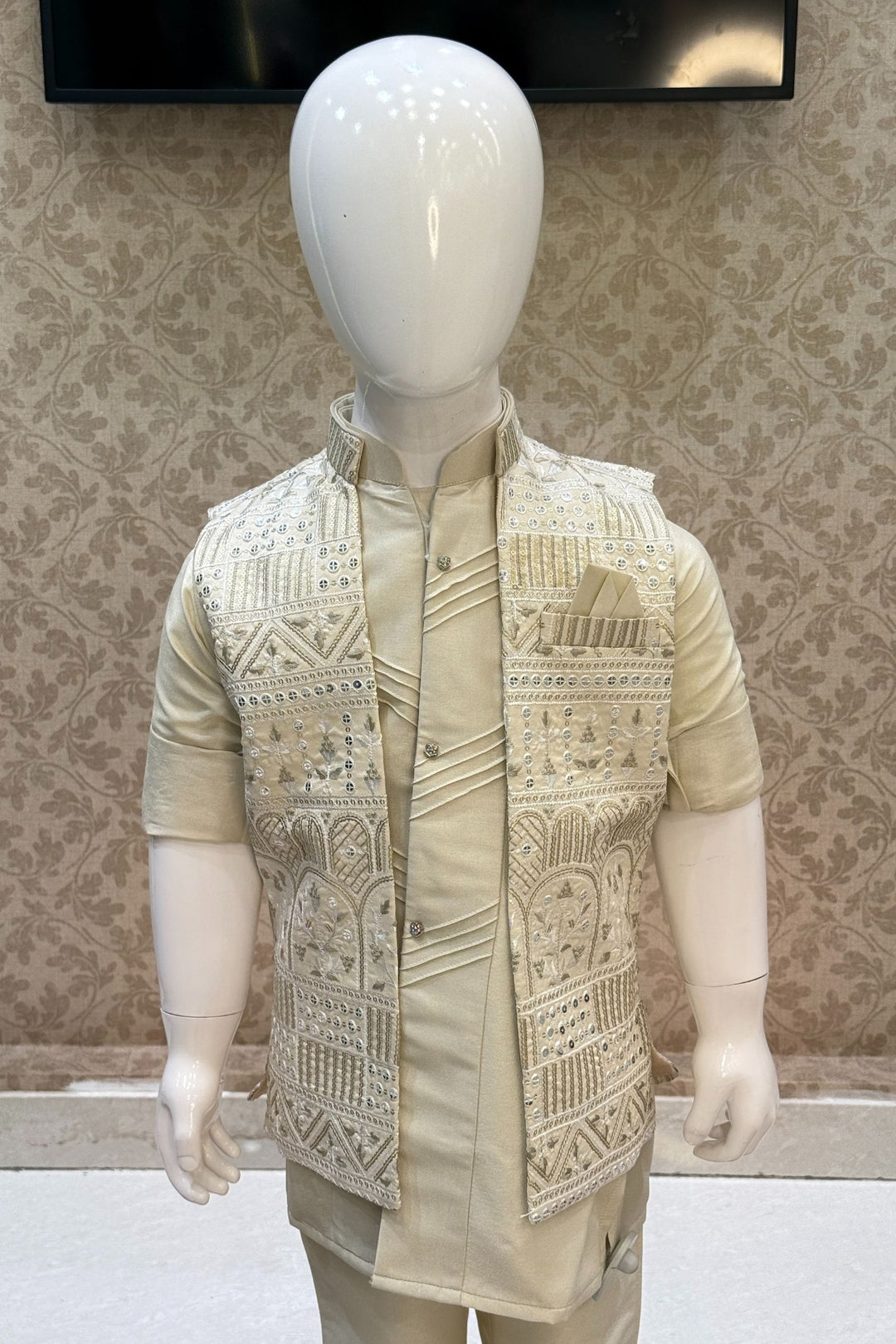 Beige Thread and Sequins work Waist Coat Kurta Set for Boys