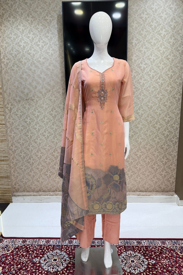 Peach Beads, Mirror, Sequins, Jacquard and Stone work Straight Cut Salwar Suit