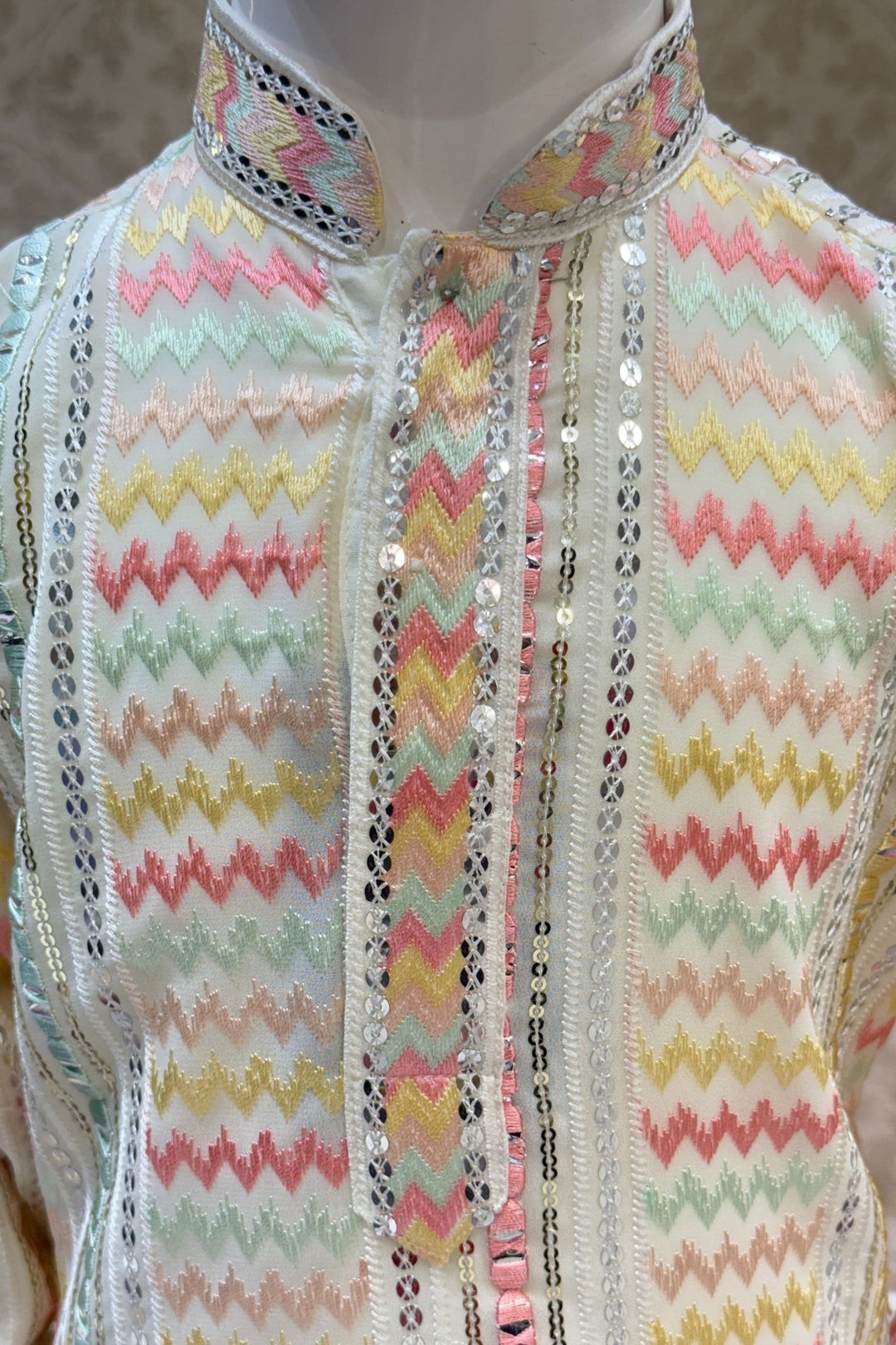 Cream Multicolor Thread and Sequins work Kurta Set for Boys