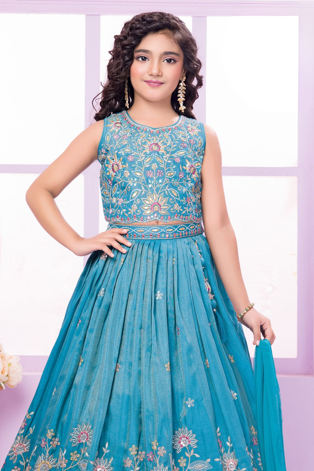 Rama Green Multicolor Thread, Zari, Mirror and Stone work Lehenga Choli for Girls