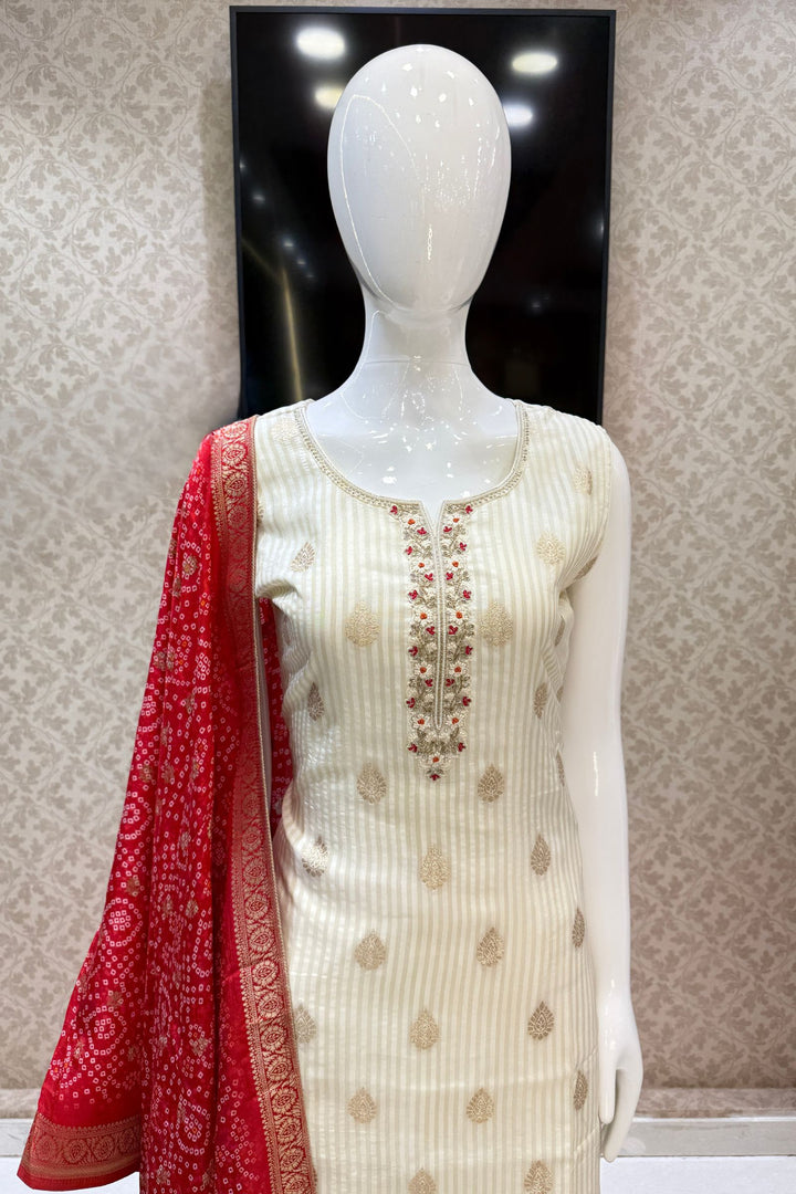 Cream Beads, Thread and Banaras work Straight Cut Salwar Suit with Bandini Print Dupatta
