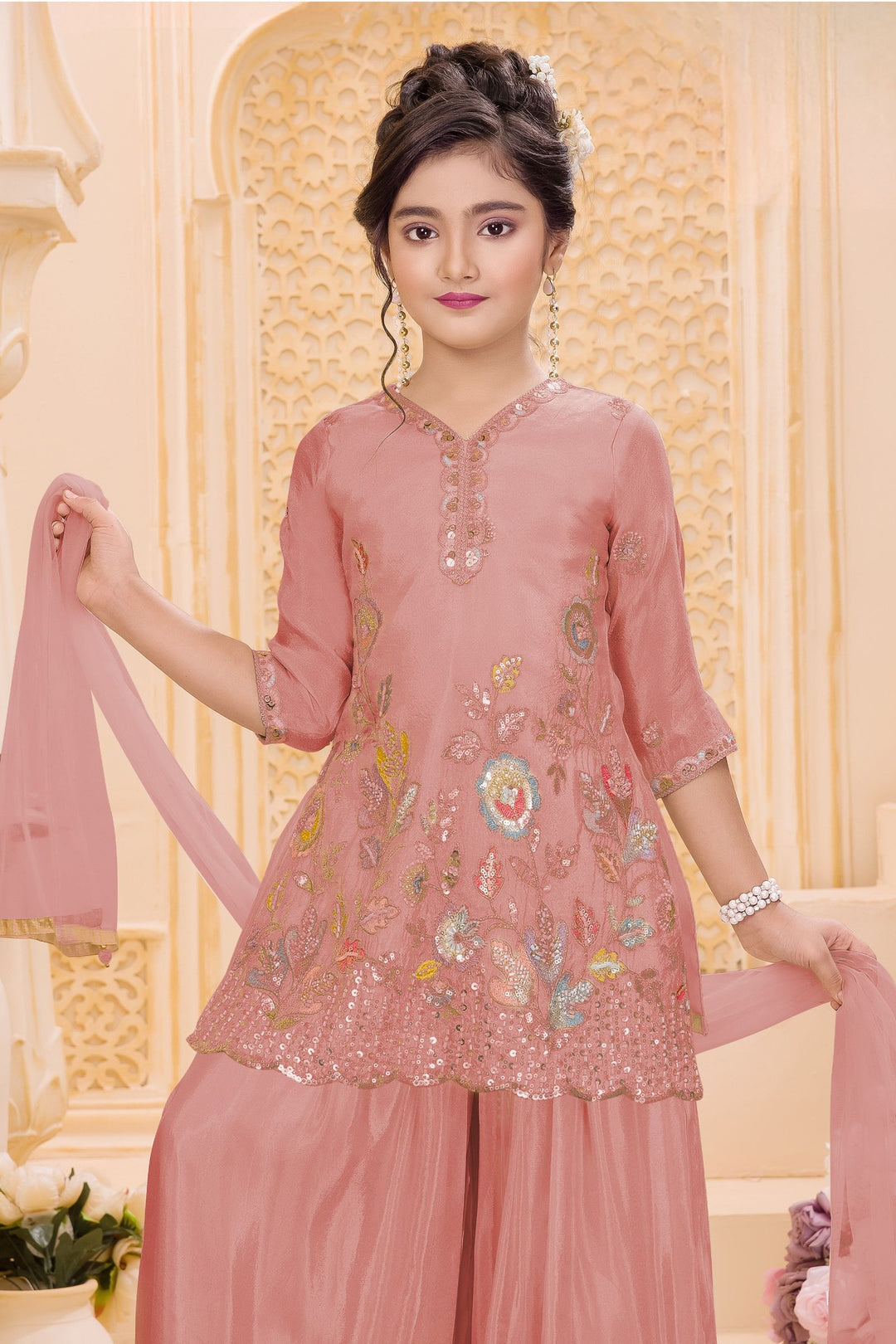 Peach Sequins, Zari and Multicolor Thread work Palazzo Suit Set for Girls