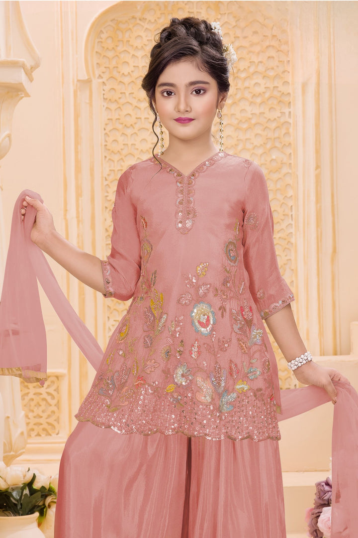 Peach Sequins, Zari and Multicolor Thread work Palazzo Suit Set for Girls