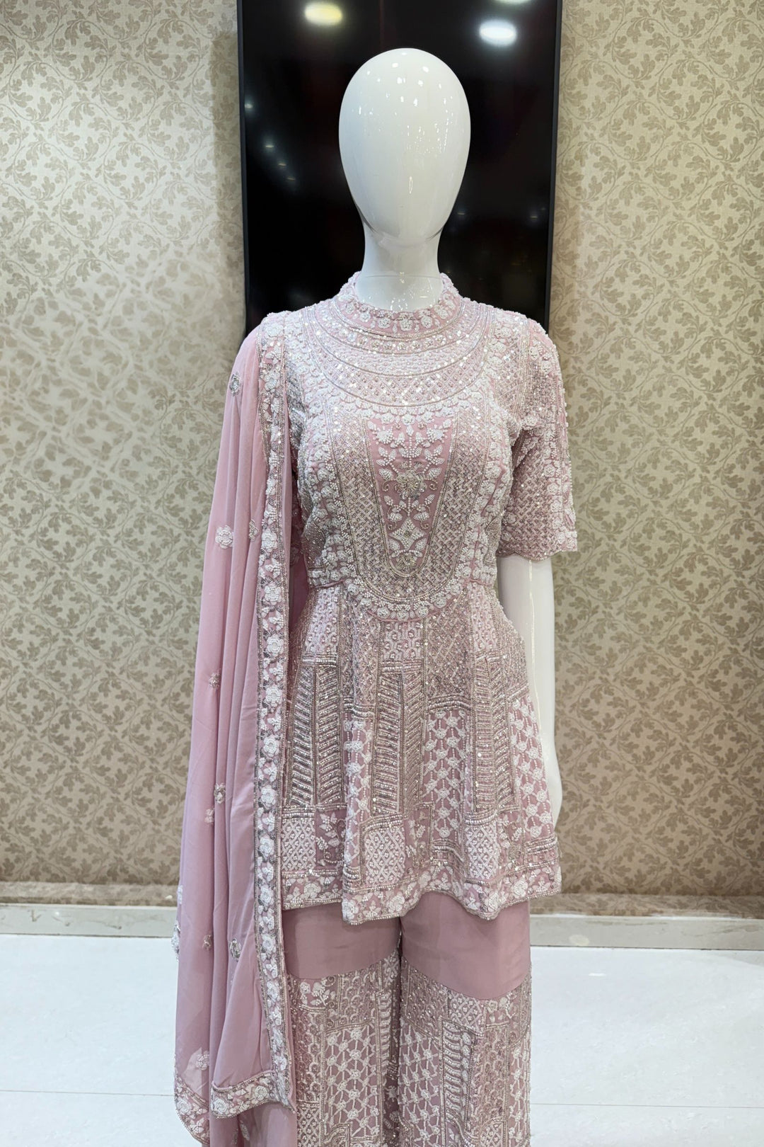 Baby Pink Sequins and Beads work Sharara Salwar Suit