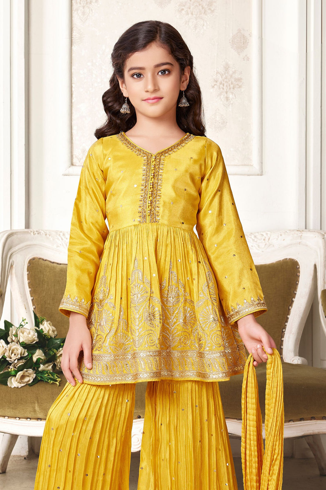 Yellow Zari, Sequins and Beads work Peplum Top and Sharara Set for Girls