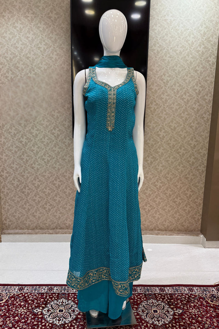 Rama Blue with Bandini Print Anarkali Style Salwar Suit with Palazzo Pant