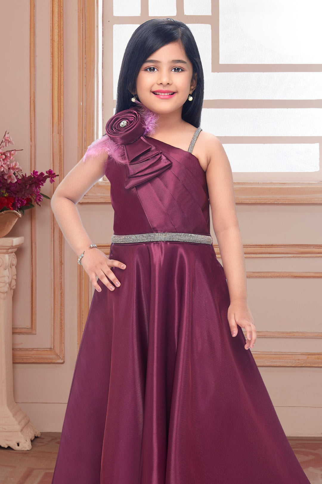 Wine Stone work Long Party Frock for Girls