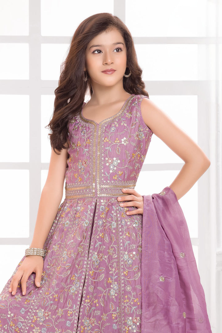 Light Lavender Multicolor Thread, Zari and Sequins work Palazzo Suit Set for Girls