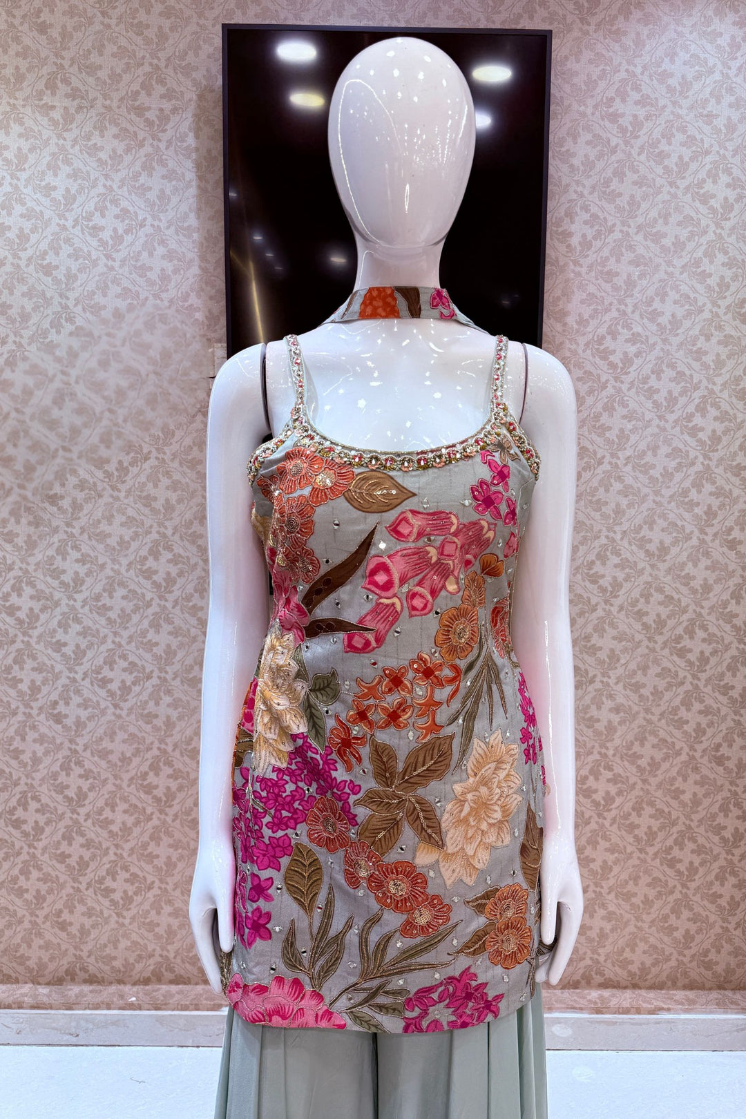 Aqua Blue Mirror, Sequins, Zari and Beads work with Floral Print Palazzo Salwar Suit