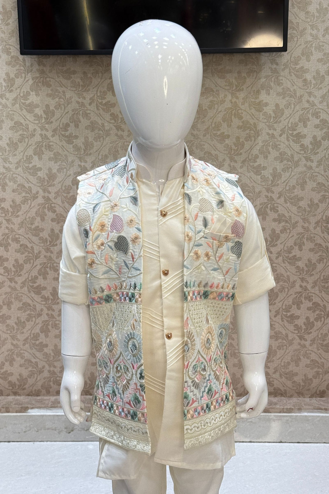 Cream Multicolor Embroidery and Sequins work Waist Coat Kurta Set for Boys