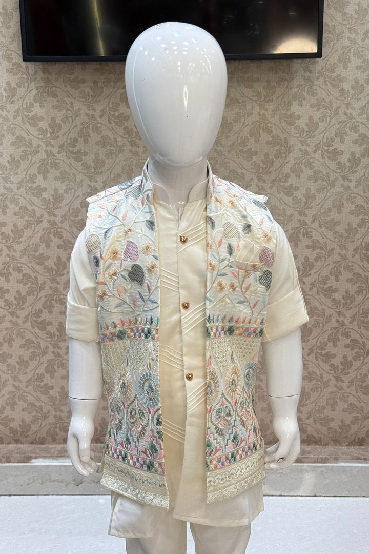 Cream Multicolor Embroidery and Sequins work Waist Coat Kurta Set for Boys