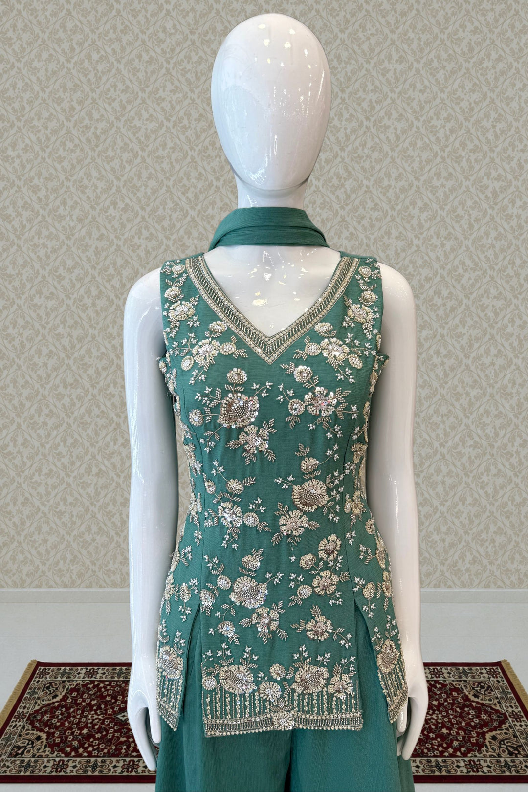 Sea Green Beads, Zari and Sequins work Palazzo Salwar Suit