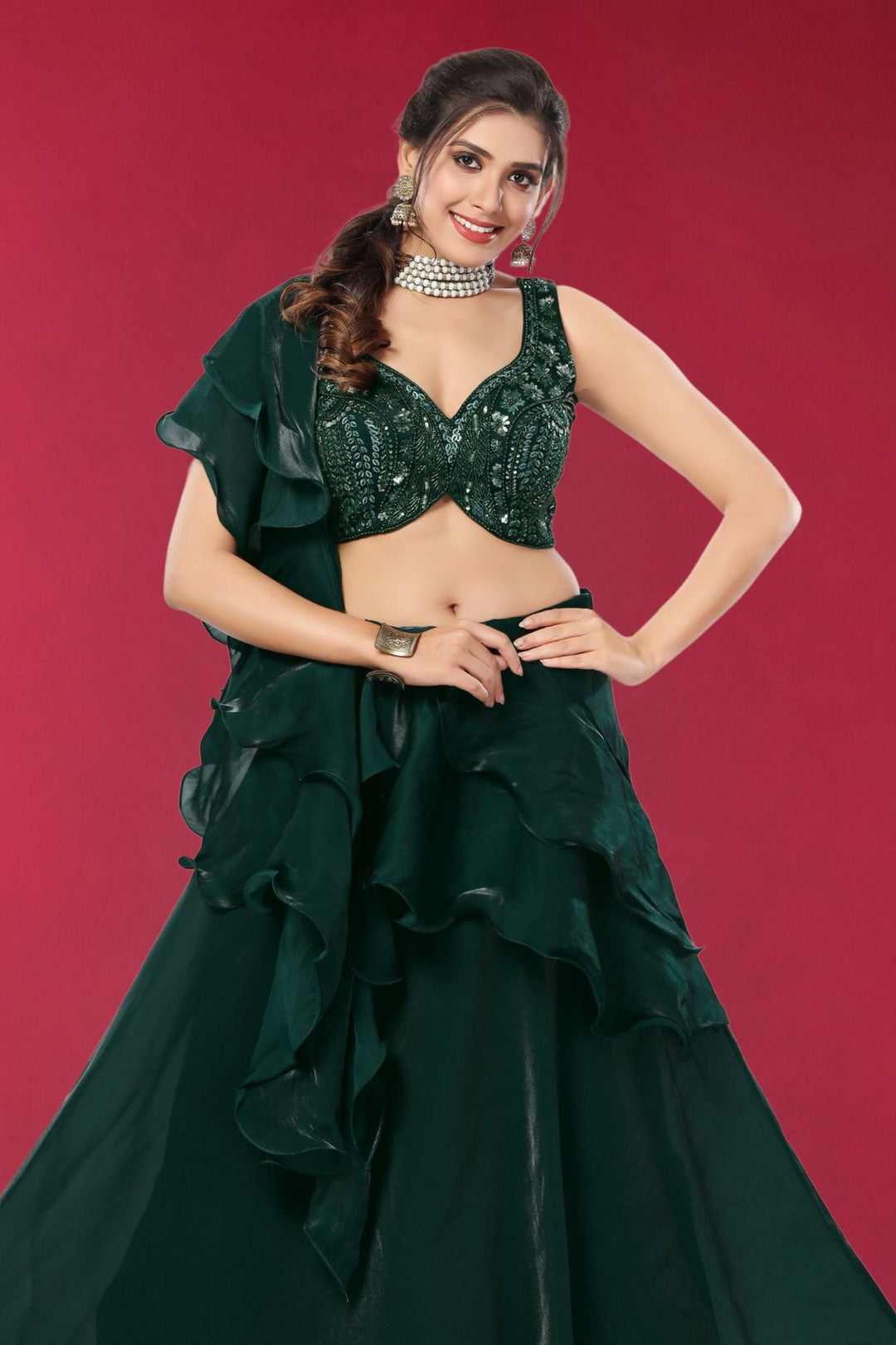 Bottle Green Beads, Sequins and Pearl work Crop Top Lehenga