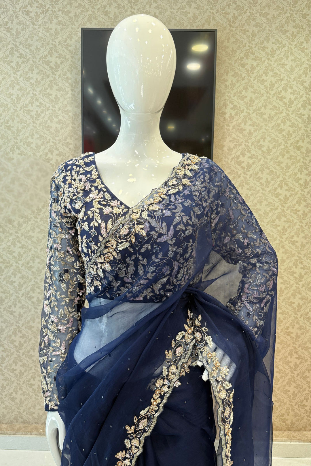 Navy Blue Sequins, Beads, Stone and Pearl work Organza Saree with Designer V-Neck Blouse