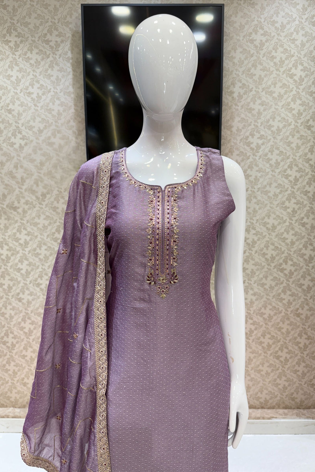 Lilac Mirror, Sequins, Zardozi and Beads work Straight Cut Salwar Suit