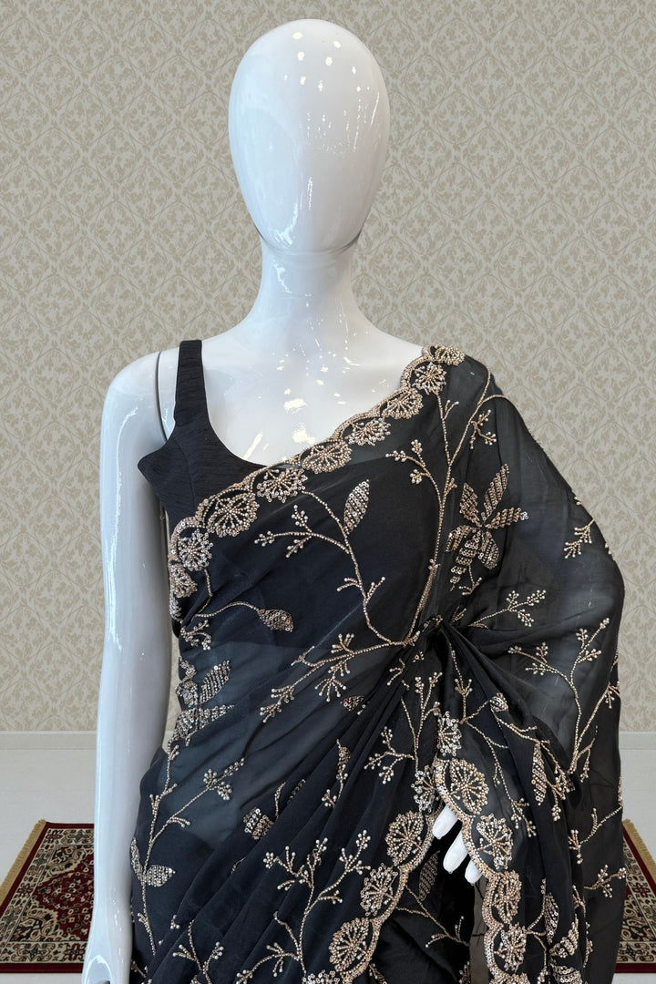 Black Saree with Beads, Zardozi, Zari and Pearl work