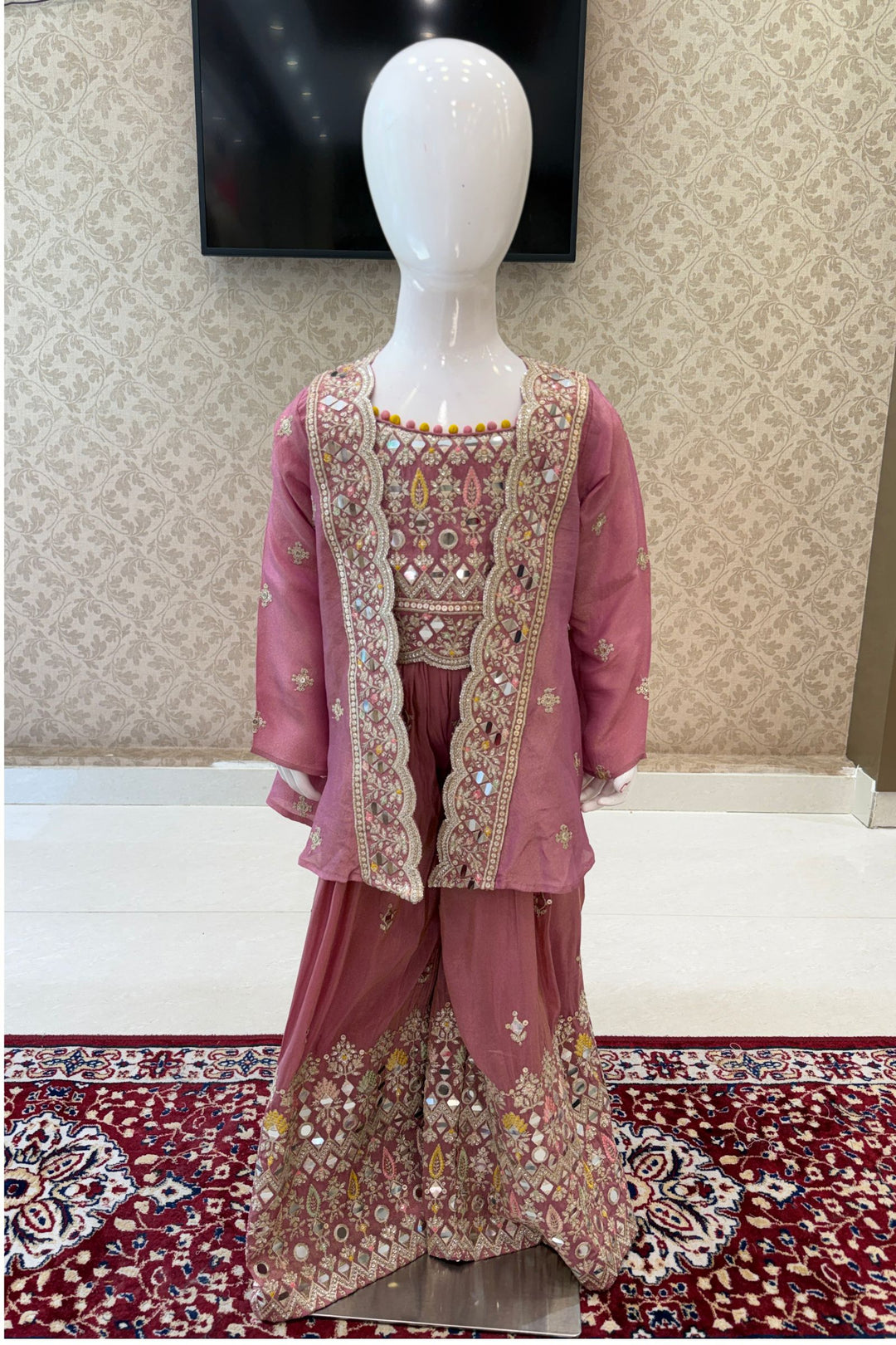 Onion Pink Sequins, Zari and Thread work Overcoat Style Palazzo Suit Set for Girls