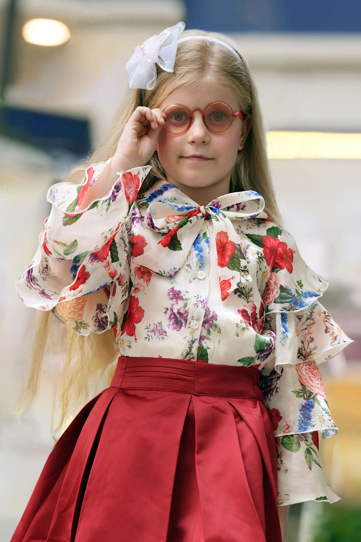 Cream with Maroon Floral Print Top and Skirt for Girls