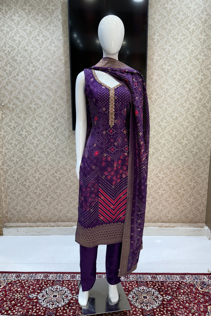 Purple Mirror, Kundan and Banaras work with Bandini Print Straight Cut Salwar Suit