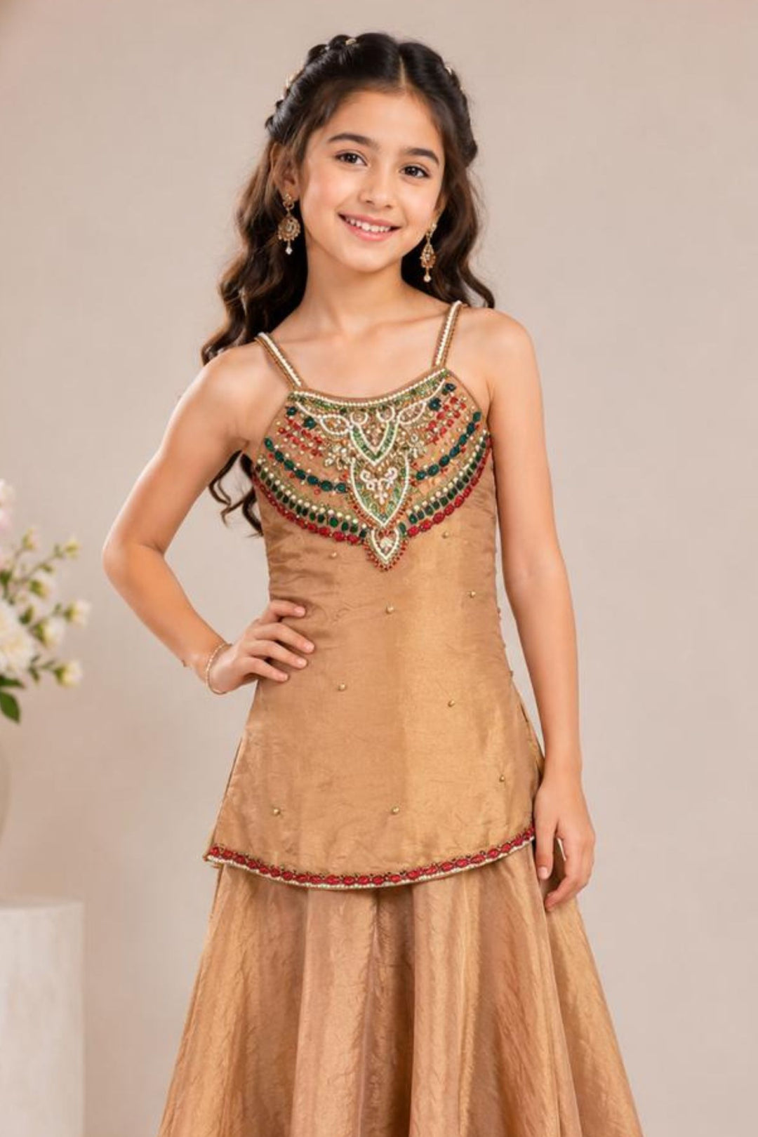 Gold Beads, Pearl, Kundan and Stone work Palazzo Suit Set for Girls
