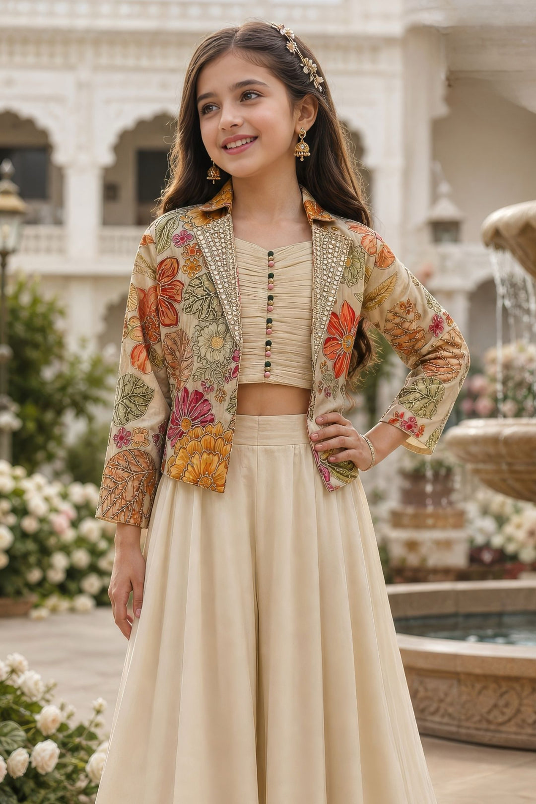 Beige Floral Print, Zari, Sequins, Beads and Mirror work Jacket Styled Palazzo Set for Girls