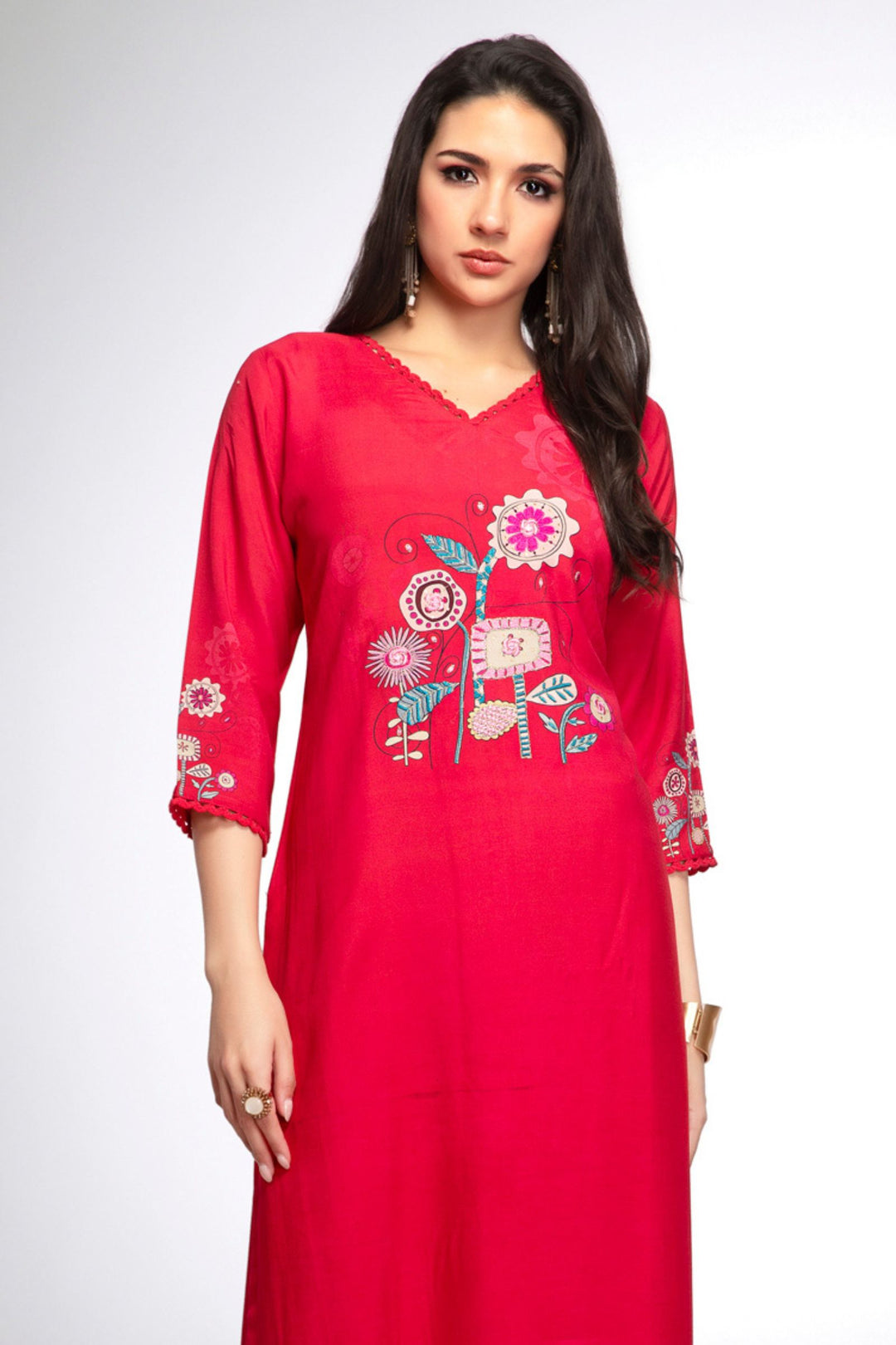 Tomato Red Mirror, Stone, Zari and Thread work with Digital Print Calf Length Kurti