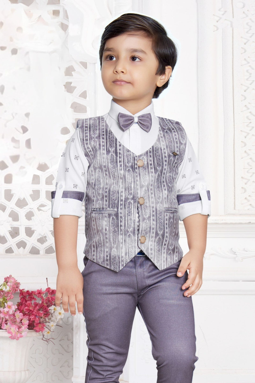 White with Light Purple Printed Waist Coat, Shirt and Suspender Style Pant Set for Boys
