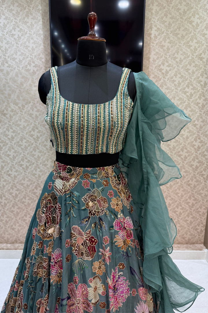 Pastel Green Beads, Zardozi, Sequins, Stone and Zari work with Floral Print Lehenga Set