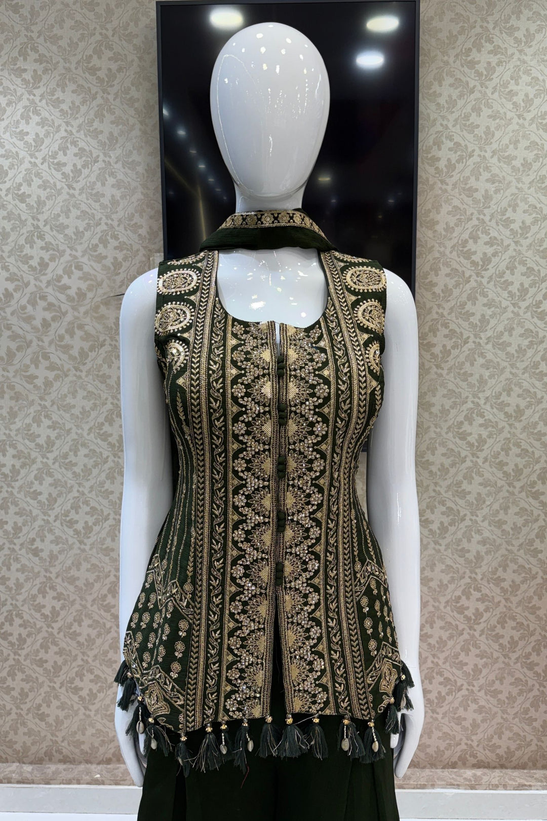 Bottle Green Palazzo Set Featuring All-Over Sequins, Zari, Stone and Beads