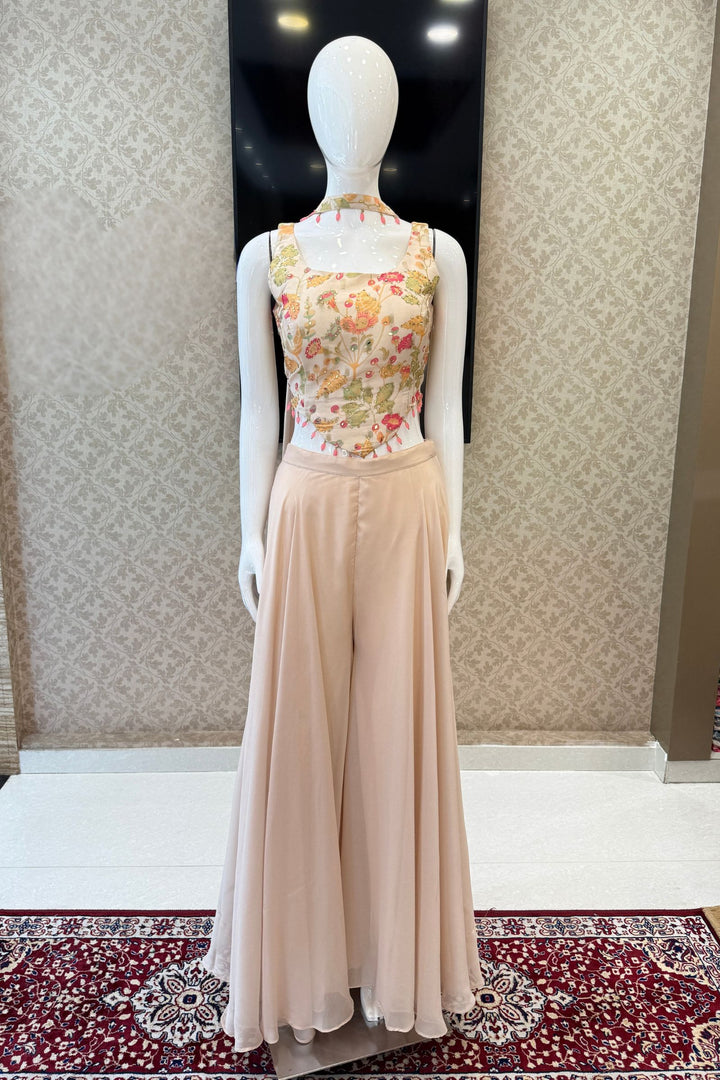Cream Stone, Mirror and Beads work with Multicolor Digital Print Palazzo Suit Set