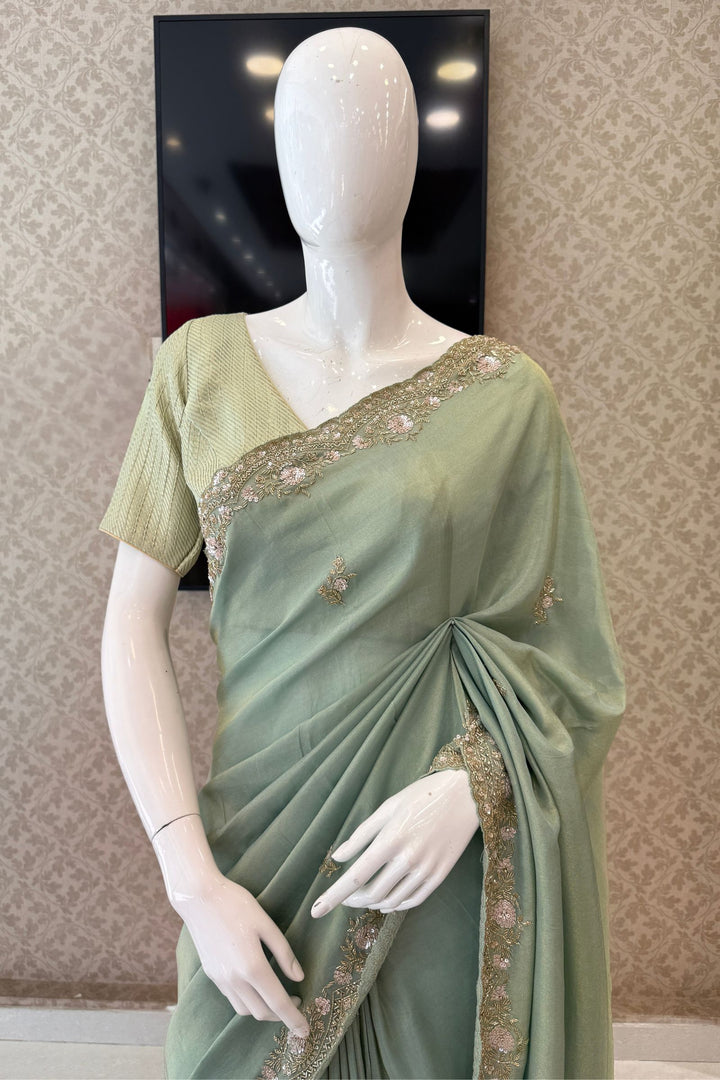 Light Pista Green Party Wear Saree with Sequins, Beads Border and Floral Motif Embroidery