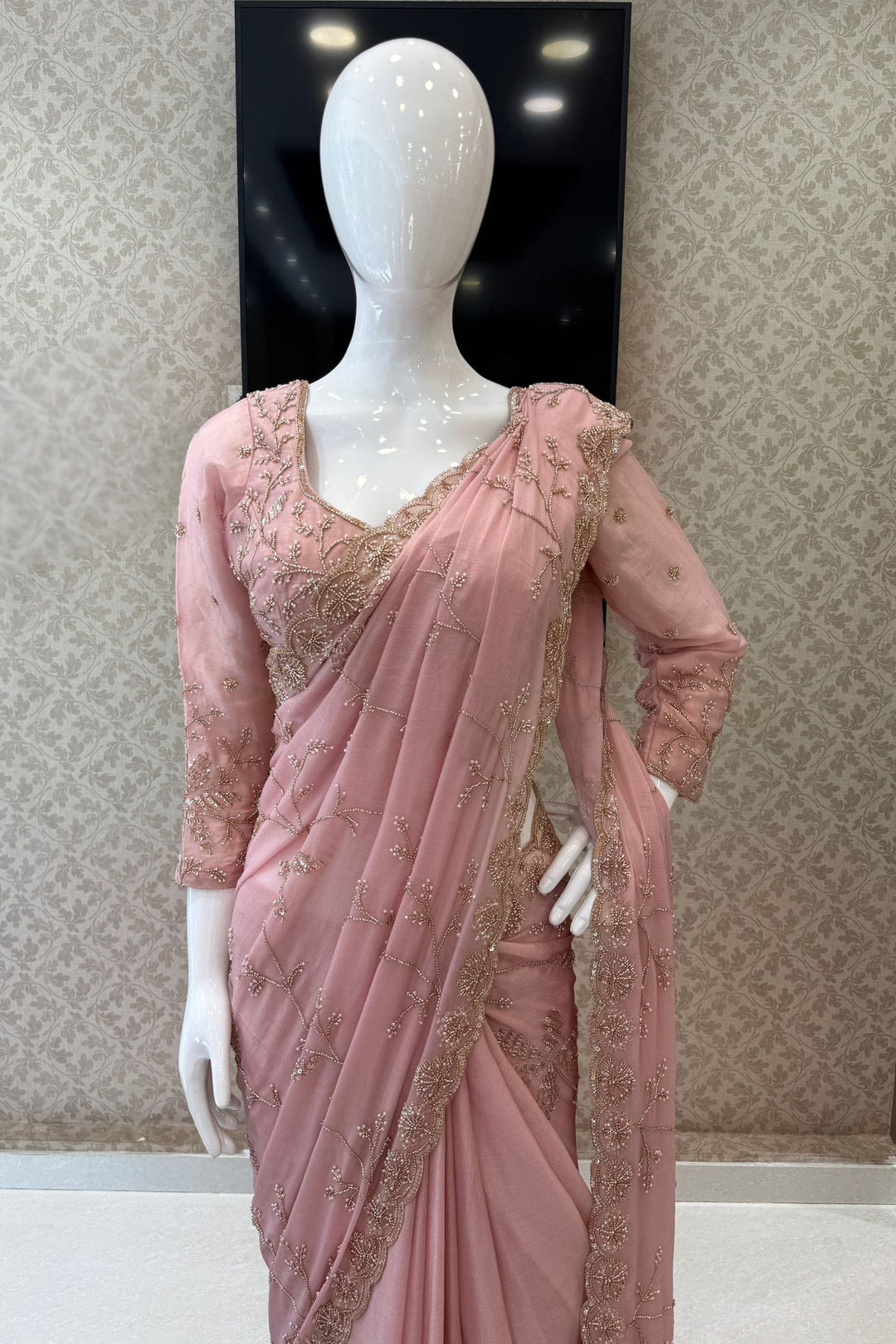 Pink Pearl, Sequins, Beads and Zari work Saree