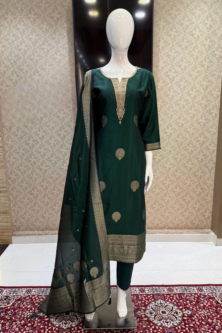 Bottle Green Banaras, Zardozi, Sequins, Beads and Zari work Straight Cut Salwar Suit