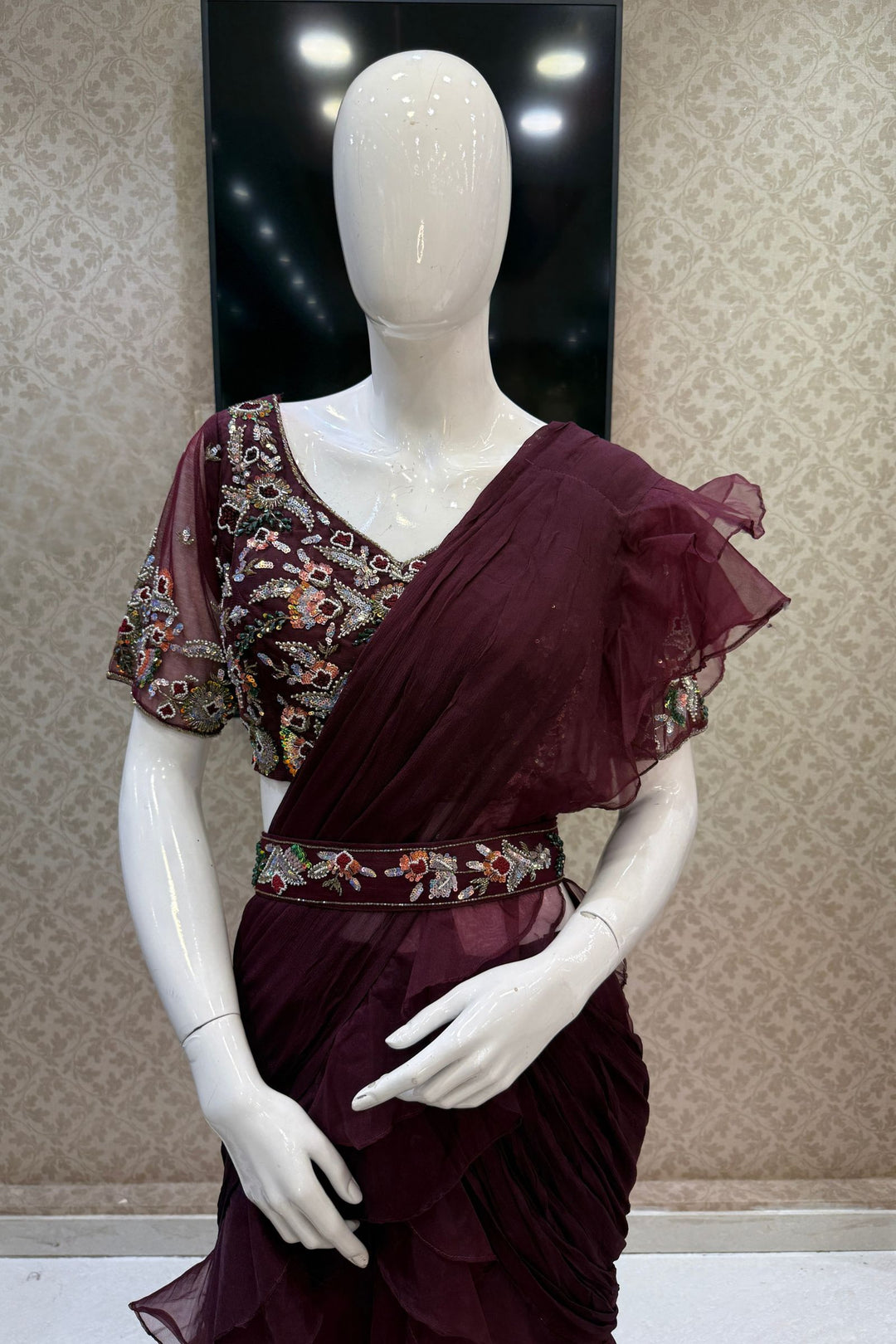 Wine Readymade Saree with Beads, Thread and Stone work Readymade Blouse