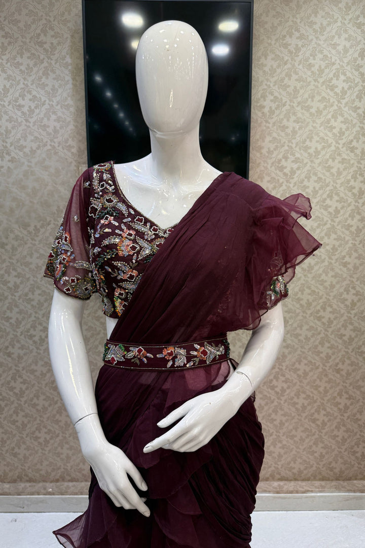 Wine Readymade Saree with Beads, Thread and Stone work Readymade Blouse